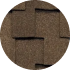 A circular image showcasing a close-up view of overlapping, textured brown shingles arranged in a uniform pattern. The surface has a rough, grainy appearance.