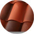 Close-up of red-brown roof tiles, arranged in a wavy pattern. The smooth, ceramic surface of the tiles reflects light, highlighting their glossy finish. The image is cropped in a circular frame, focusing on the texture and color gradient of the tiles.