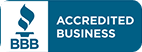BBB Accredited Business logo featuring a white torch symbol and the text "BBB Accredited Business" on a blue background.