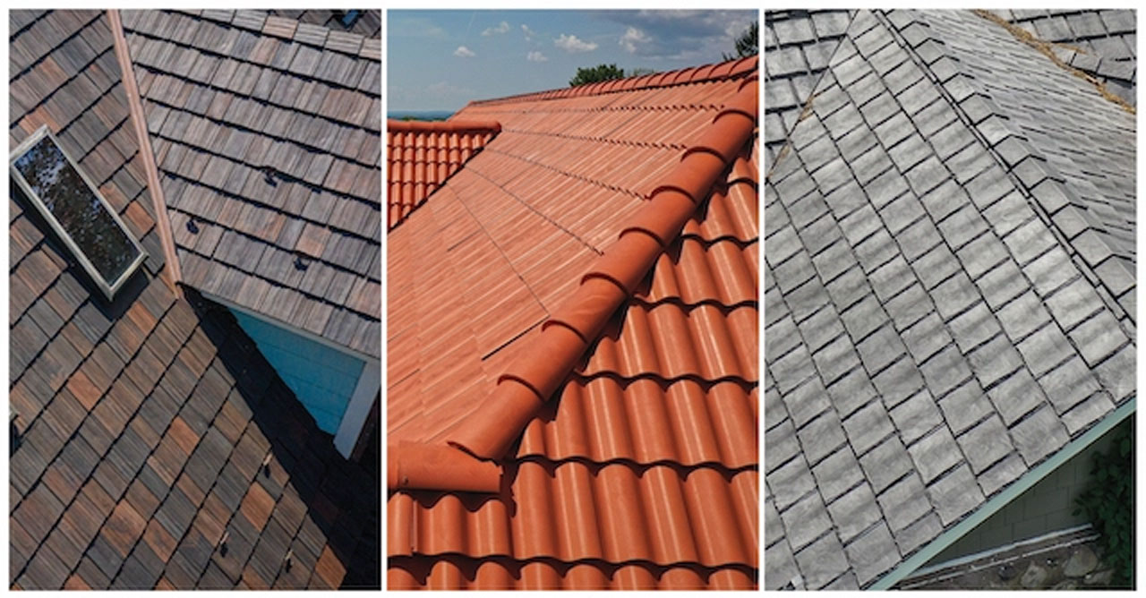 Three different types of roofing are shown: wood shingles on the left, red clay tiles in the center, and gray slate shingles on the right, all viewed from above.
