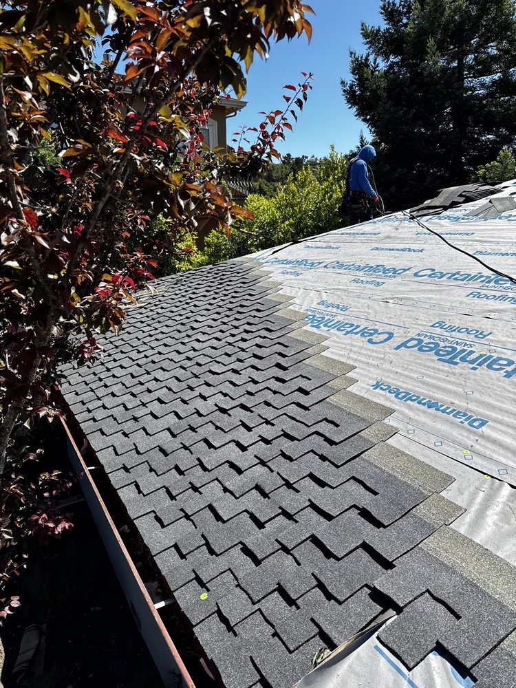 A person is installing dark asphalt shingles on a roof, with some shingles already in place and roofing underlayment visible. Trees with green and reddish leaves are in the foreground and background.