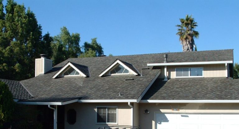 A suburban house with a dark shingle roof, two small dormer windows, beige siding, and a white garage door. Trees and a tall palm tree are visible in the background under a clear blue sky.