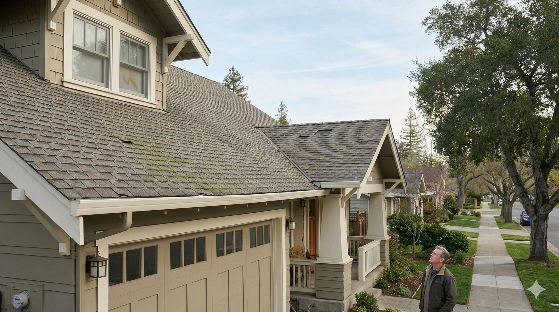 A man stands on the sidewalk looking up at the roof of a house with gray shingles—possibly considering a roof replacement—in a Bay Area suburban neighborhood lined with trees and similar houses.