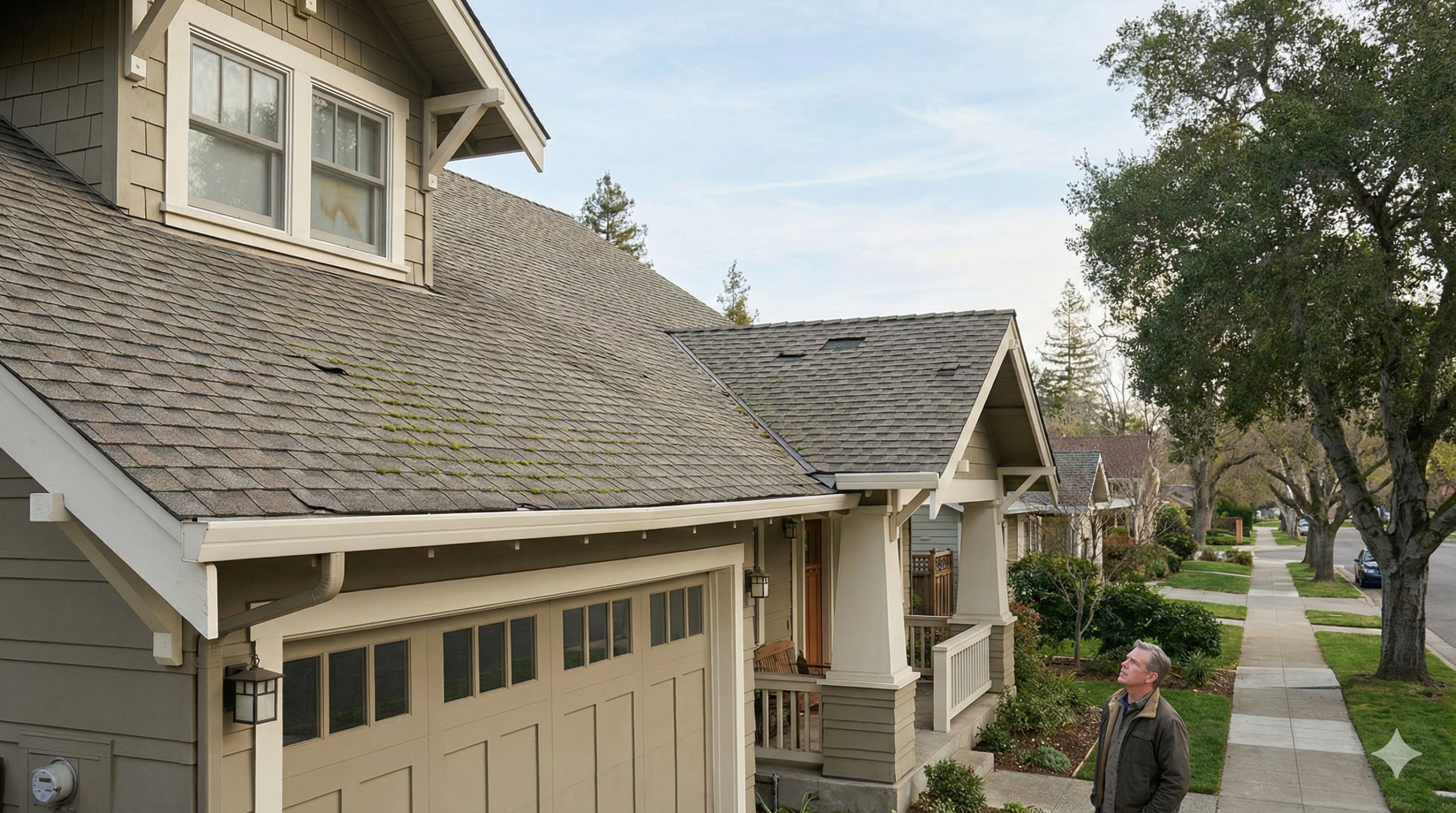 A man stands on the sidewalk looking up at the roof of a house with gray shingles—possibly considering a roof replacement—in a Bay Area suburban neighborhood lined with trees and similar houses.