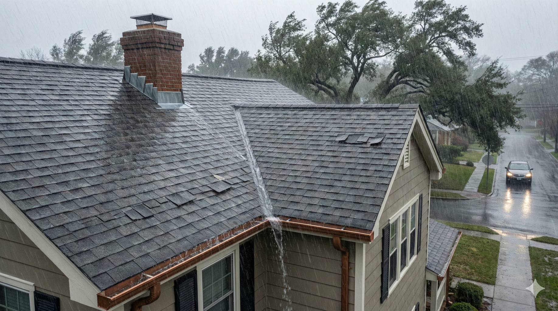 A house in heavy rain with water pouring off the roof, wet streets, a car driving by, and trees bending in the wind—putting roofing materials to the test against unpredictable Bay Area weather.