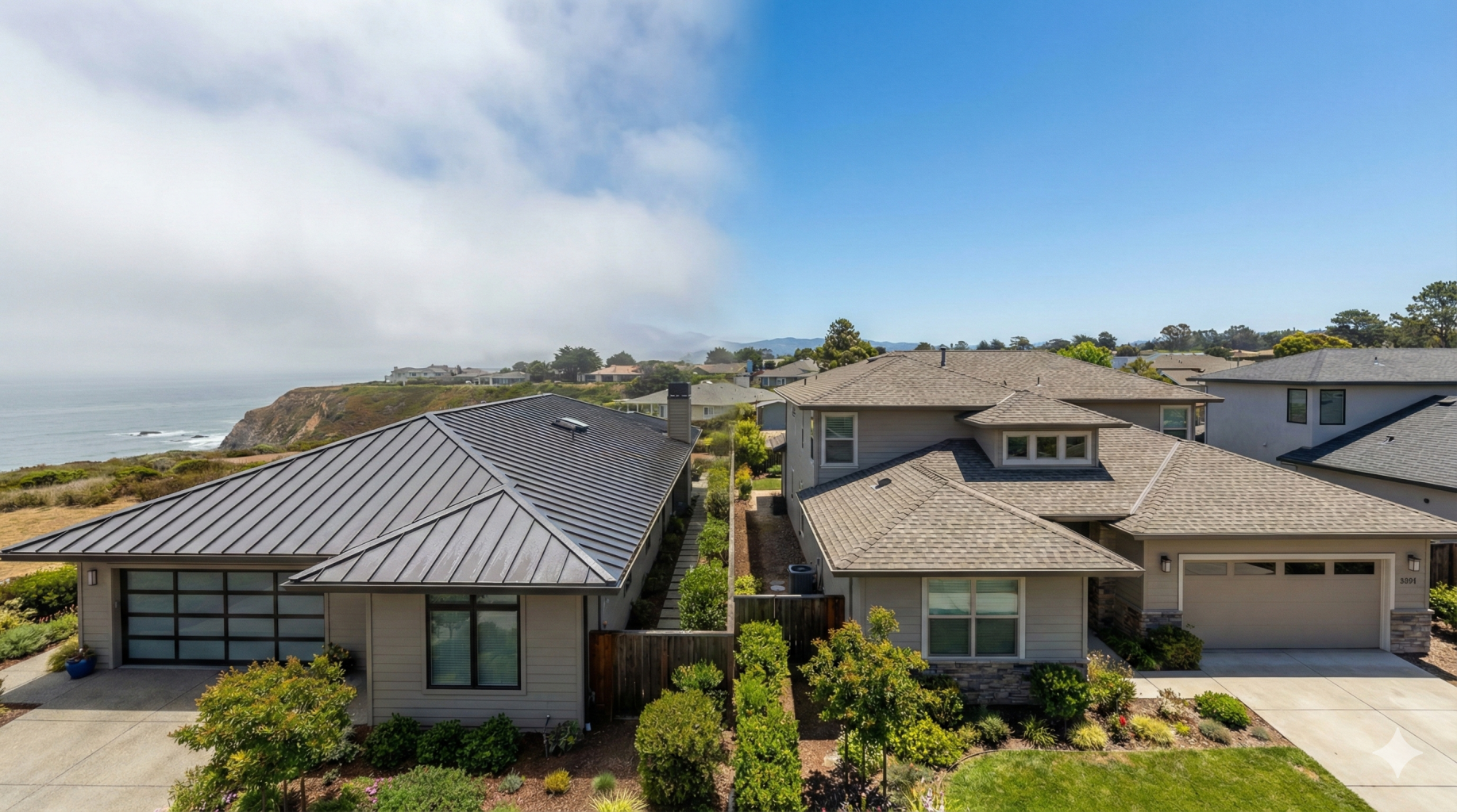 Two modern, single-story houses with well-kept gardens sit side by side on a coastal cliff, overlooking the ocean under a partly cloudy blue sky. Designed for optimal roof performance in Bay Area weather, they offer views of greenery and coastline beyond.