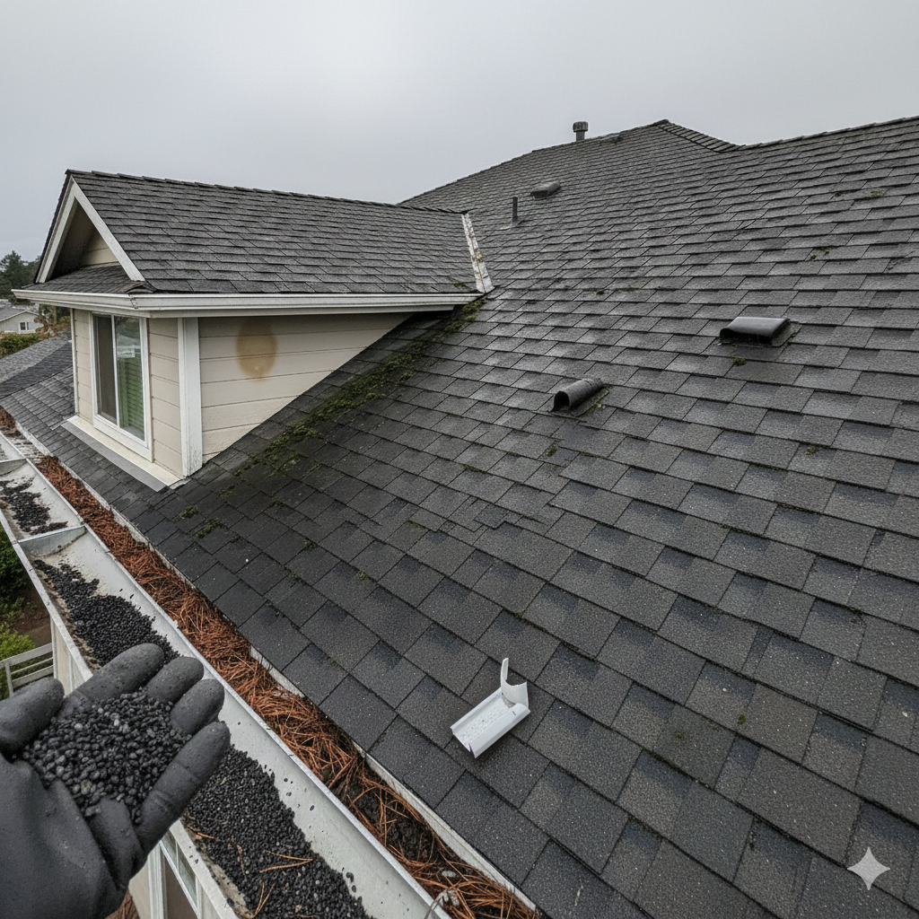 A close-up of a Bay Area Home after the 2026 Rains shows someone holding black asphalt roof granules, with debris and dislodged vent covers visible—a clear sign it’s time for a Post-Winter Roof Audit.