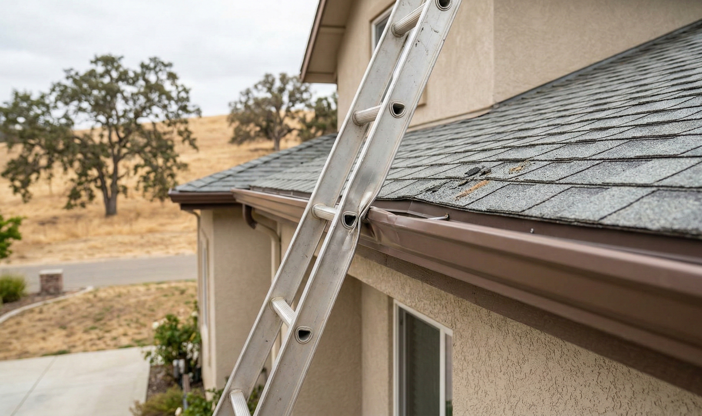 A metal ladder leans against the roof for DIY gutter cleaning, resting on the rain gutter. The roof has gray shingles beside a beige wall, with dry trees and grass in the background.