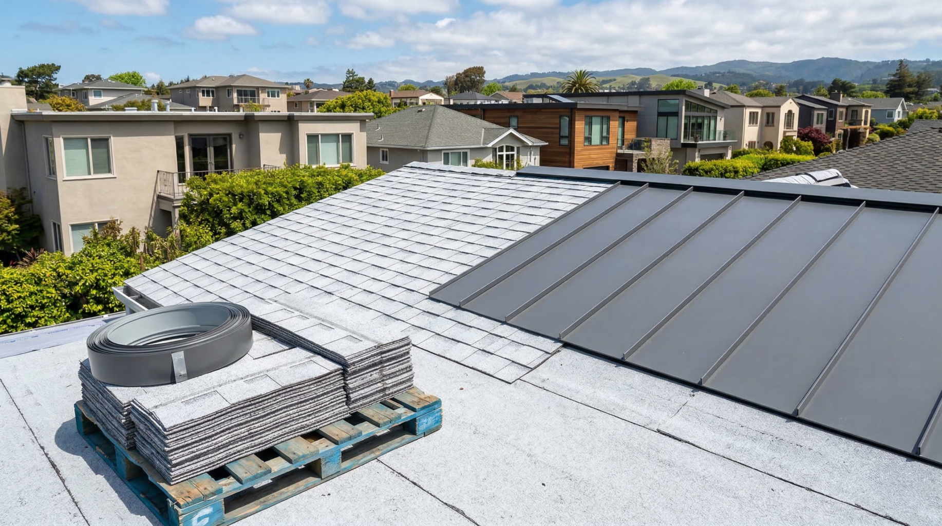 A rooftop with construction materials, including stacked shingles on a pallet and a metal vent for attic ventilation, overlooks a residential neighborhood with modern houses and trees under a partly cloudy sky.