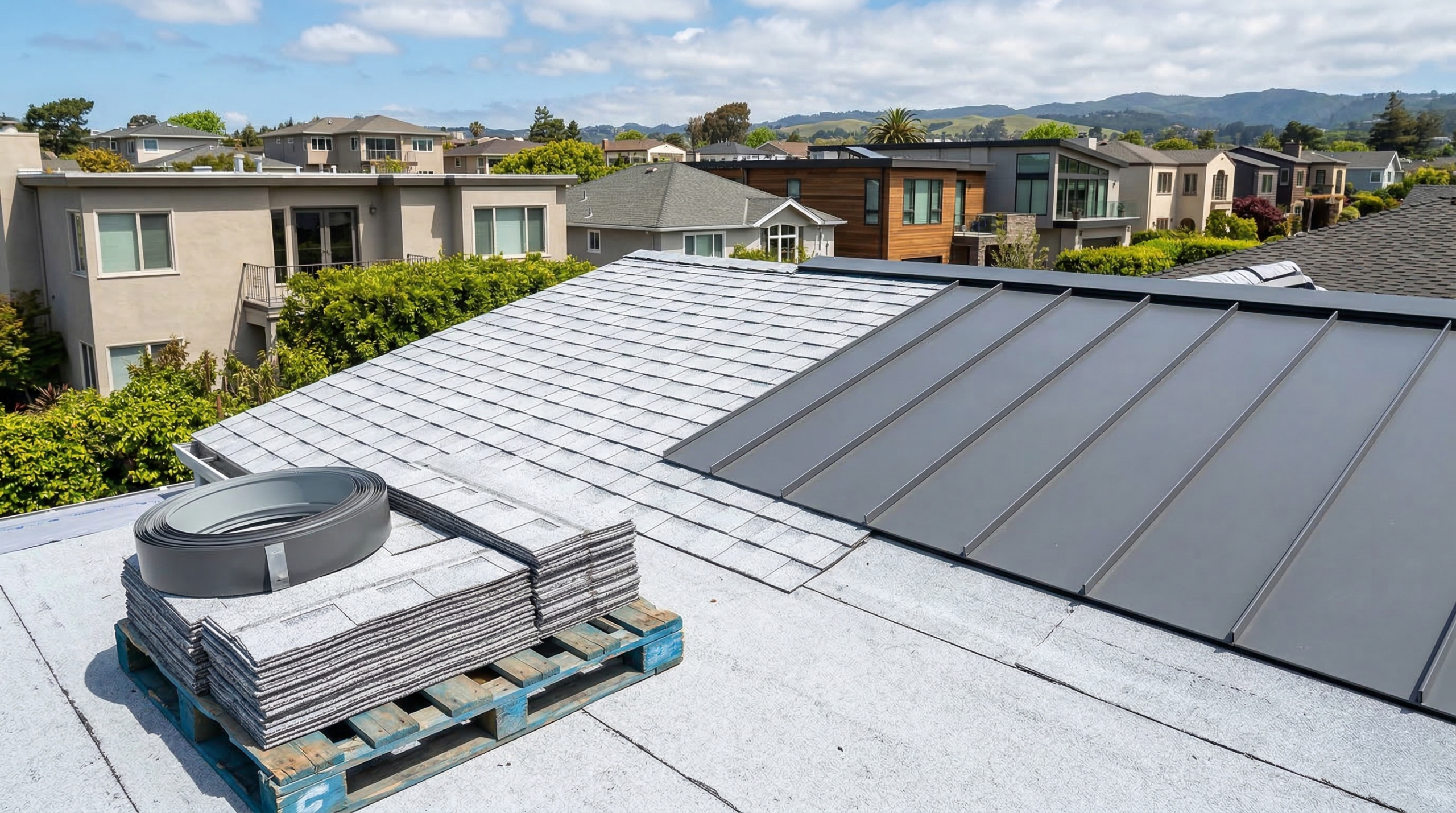 A rooftop with construction materials, including stacked shingles on a pallet and a metal vent for attic ventilation, overlooks a residential neighborhood with modern houses and trees under a partly cloudy sky.