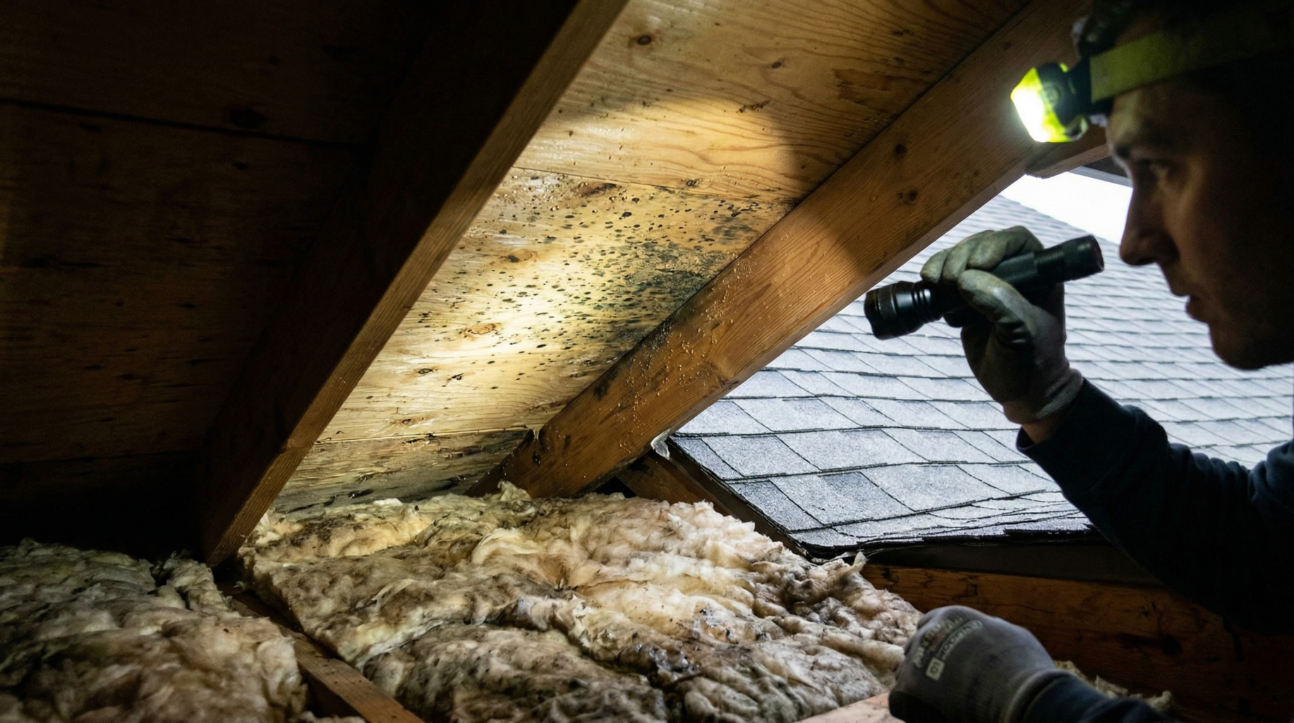 A person wearing gloves and a headlamp inspects an attic with a flashlight, shining light on wooden beams and insulation covered in dark mold spots—likely caused by poor attic ventilation during the humid winter months.