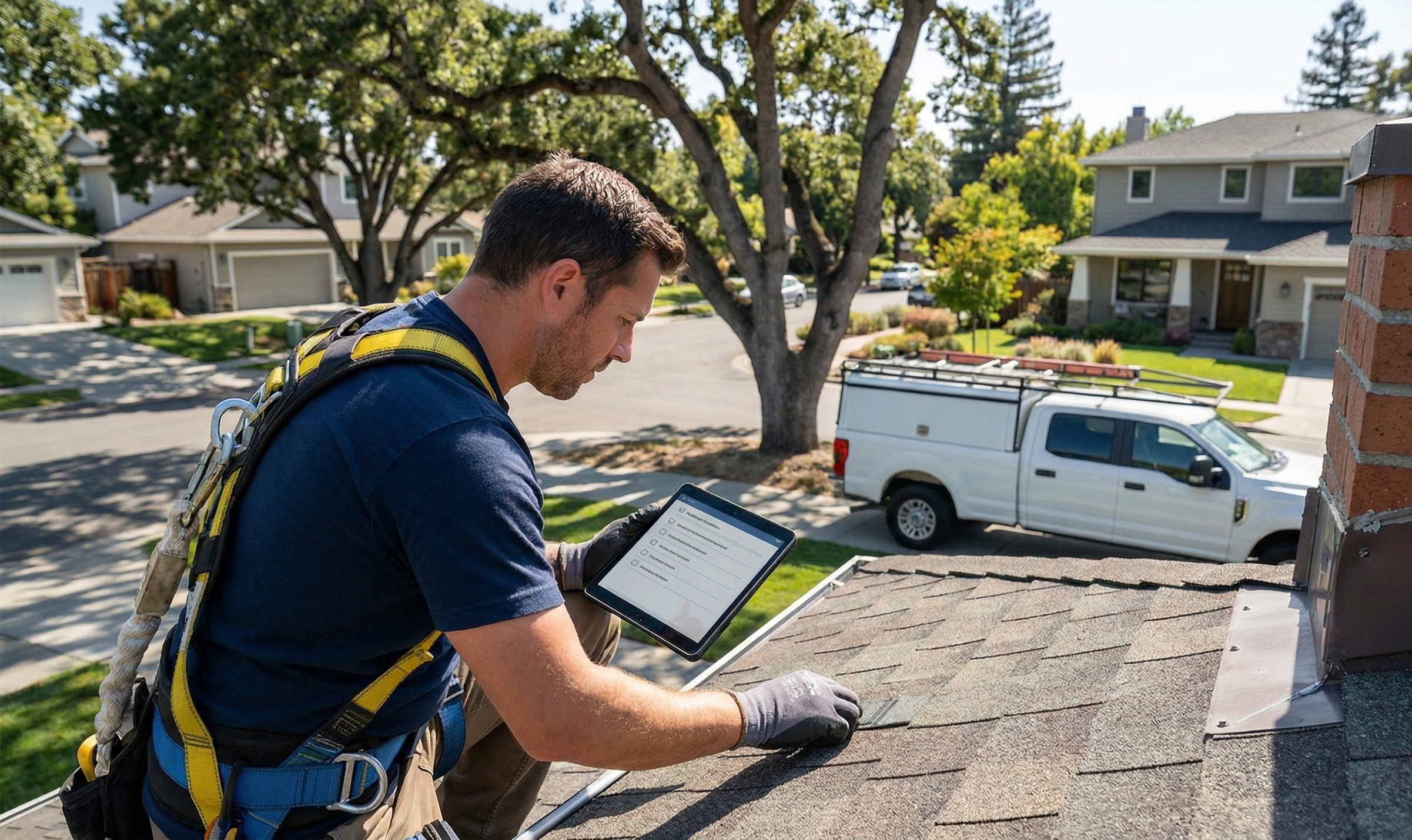 A worker wearing safety gear inspects a house roof with shingles, holding a tablet. A Diamond Certified utility truck is parked on the street below, with houses and trees in the background on a sunny day.