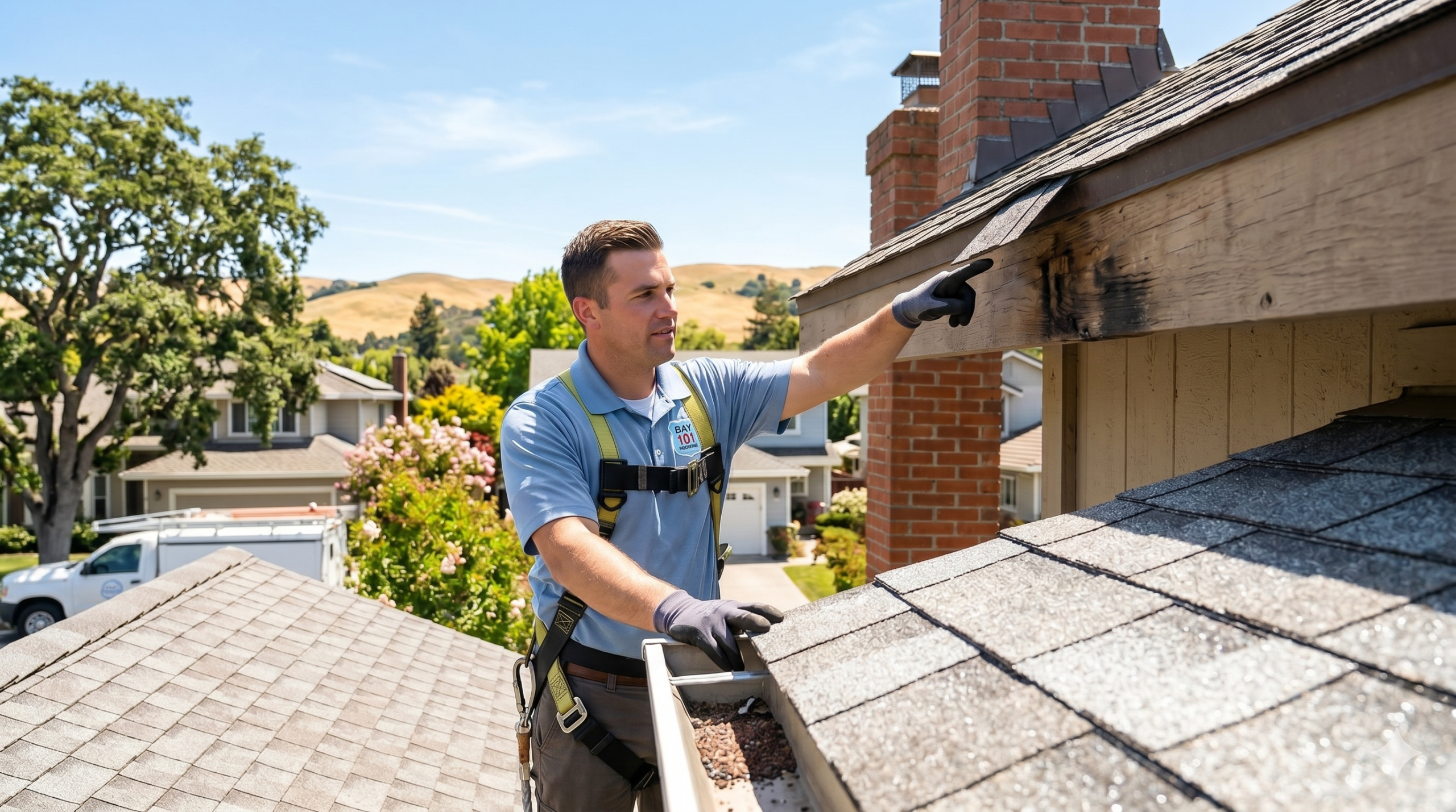 A man wearing safety gear stands on a roof inspecting a burnt section of a wooden beam near a chimney, likely assessing roof repairs, with houses and trees visible in the background on a sunny day.