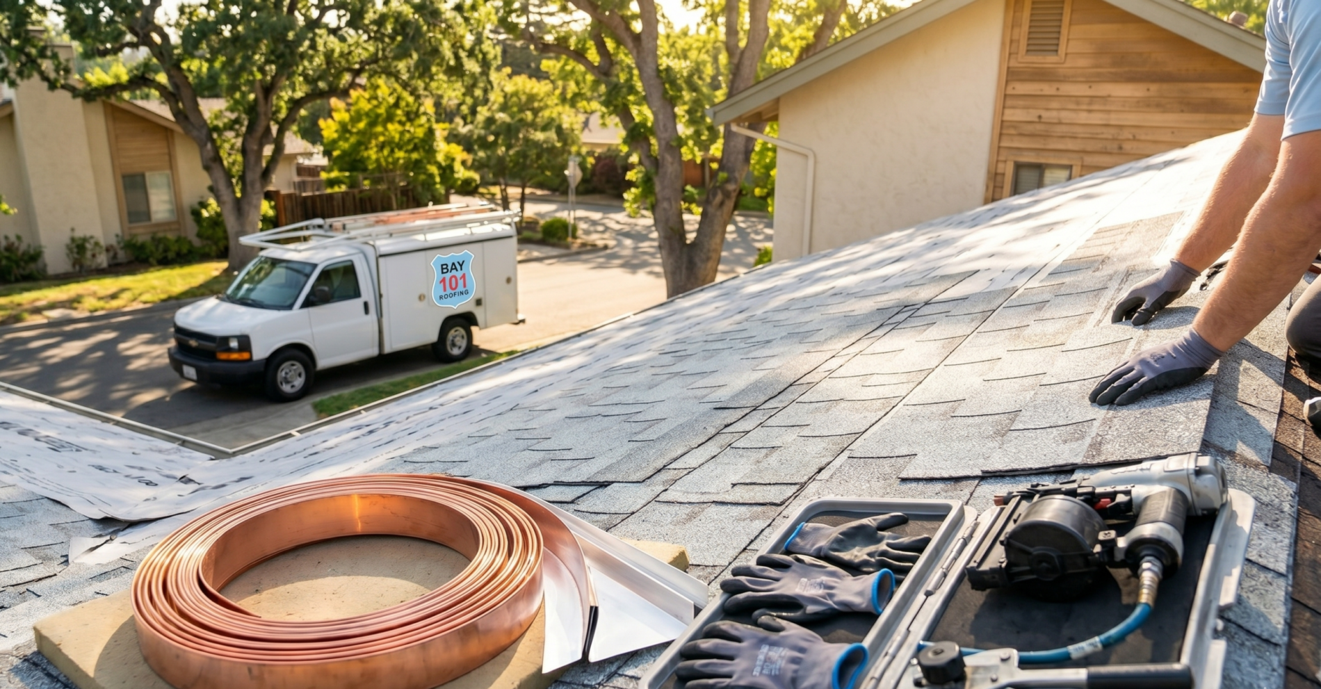 A roofer works on a house roof with tools, gloves, and a coil of copper flashing nearby during a summer roof replacement. A white work van marked "Bay 101" is parked on the street beside trees and neighboring Bay Area houses in June.