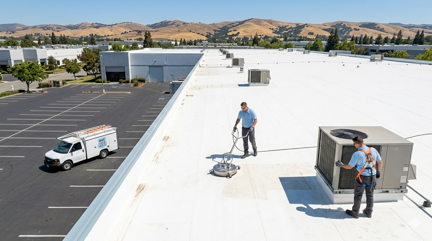 Two workers in safety harnesses clean a large, flat white commercial roofing surface with equipment, while a service van is parked in an empty lot below. Industrial buildings and hills are visible—a typical scene for Bay Area businesses.