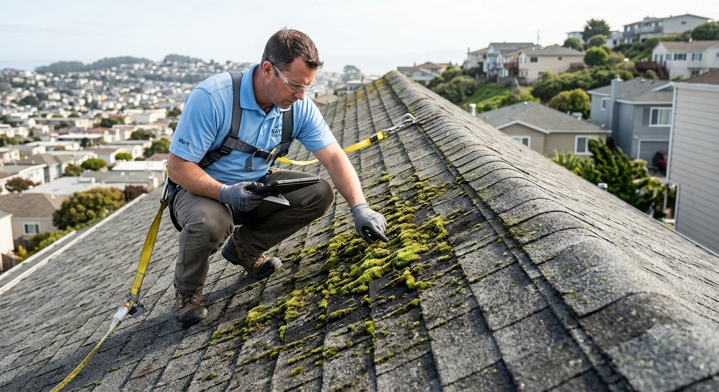 A man in safety gear inspects moss growing on a gray shingled roof while holding a tablet, possibly planning moss removal. Houses and a hilly cityscape are visible in the background on a cloudy day.