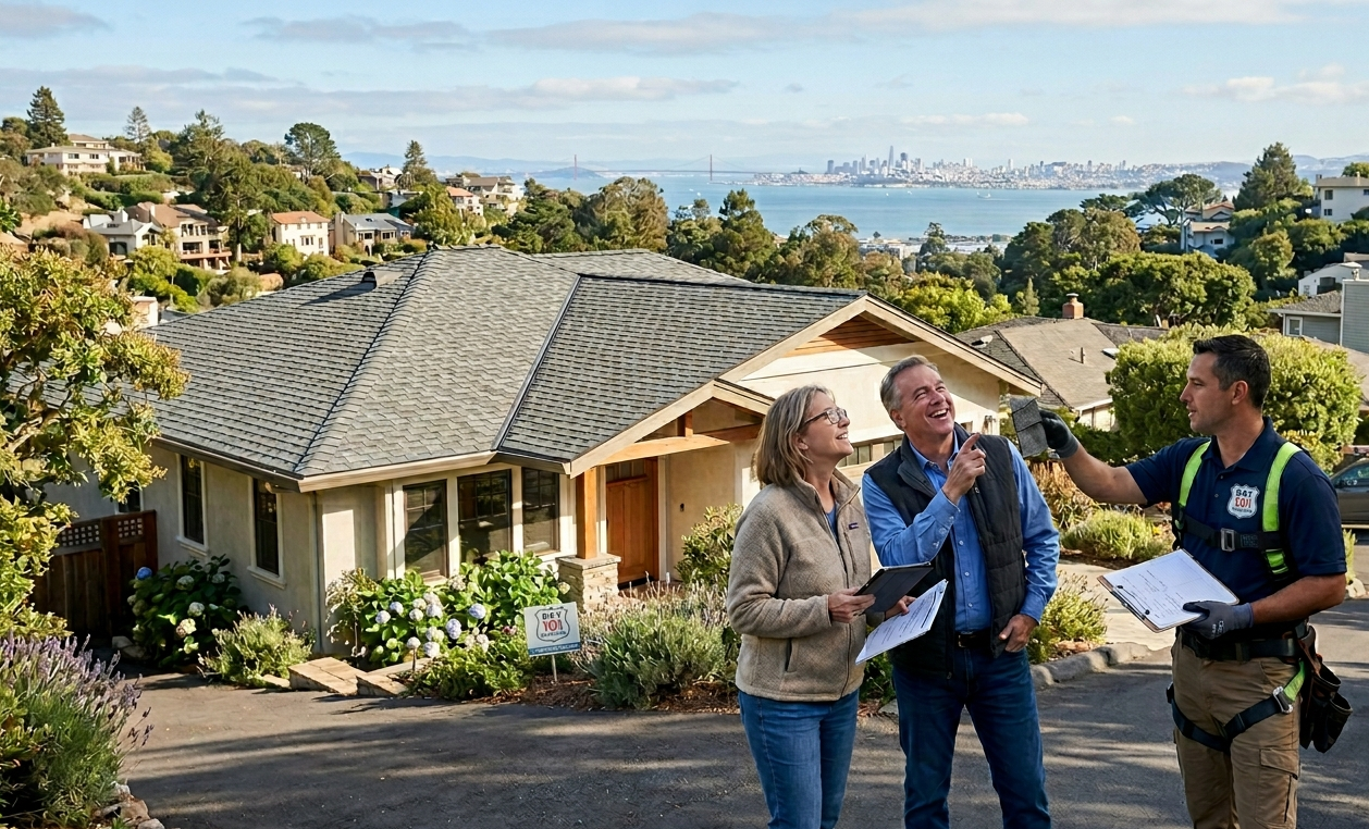 Three people stand in front of a Bay Area hillside house, discussing documents and pointing. Surrounded by greenery, with a city skyline and water beyond, they talk about the average lifespan of a roof for homes in this scenic region.