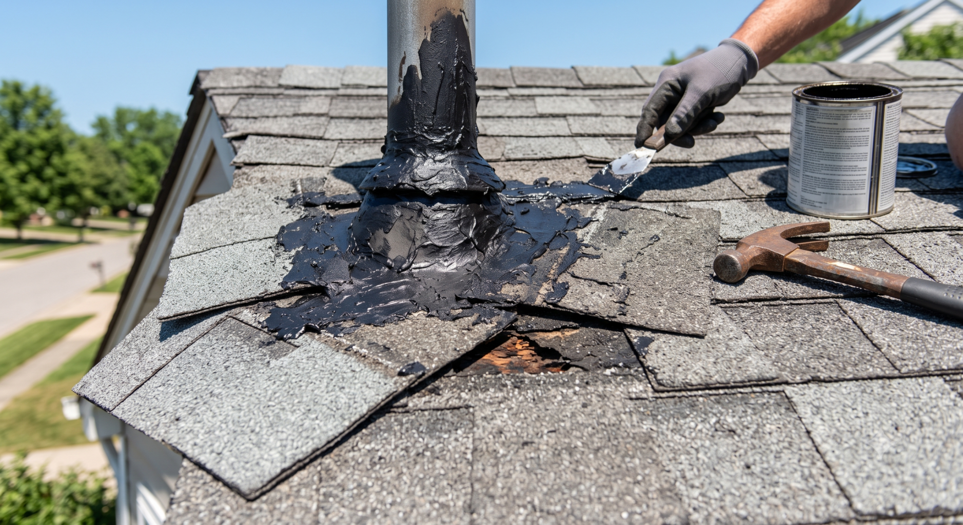 A person wearing a glove applies roofing tar around a vent pipe on a shingle roof, patching a leak. Tools including a hammer and roofing tar are nearby—perfect for summer roof repair or any DIY roofing project.