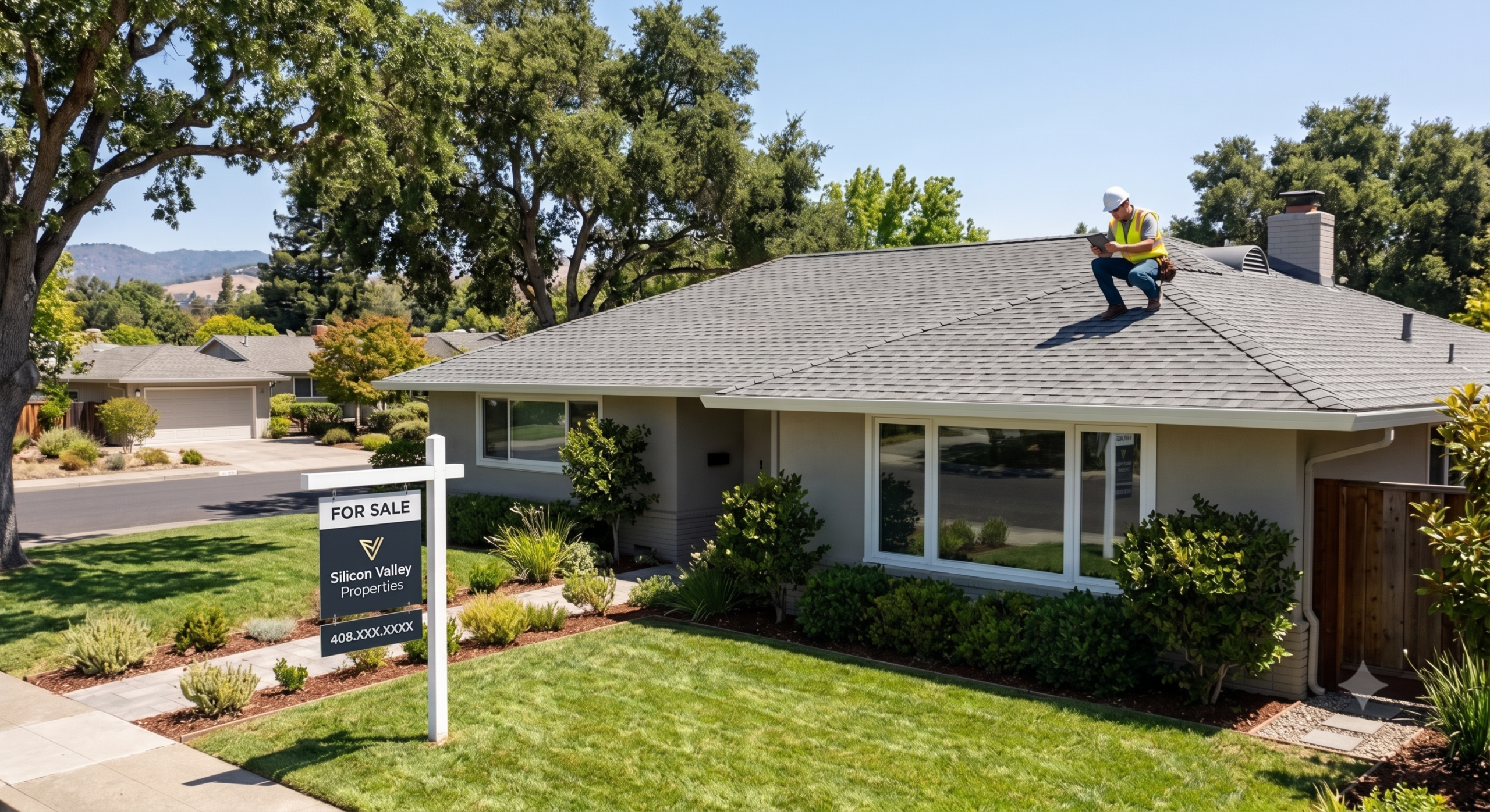 A person in a safety vest and helmet inspects the aging roof of a single-story house, checking for any signs of deferred maintenance. A “For Sale” sign from Silicon Valley Properties is visible in the front yard, highlighting this Silicon Valley home sale surrounded by trees and greenery.