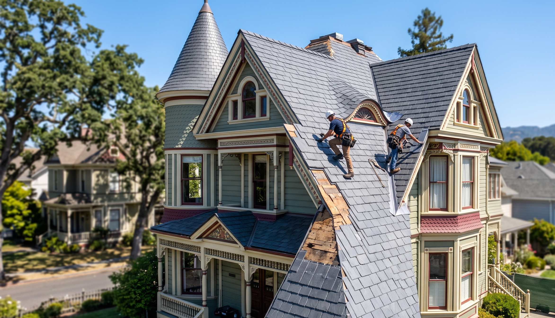 Two workers are reroofing the roof of a large Victorian-style house with gray shingles, ornate trim, and a turret, on a sunny day, surrounded by trees and neighboring homes—preserving the past as they restore one of the historic Bay Area Victorians.