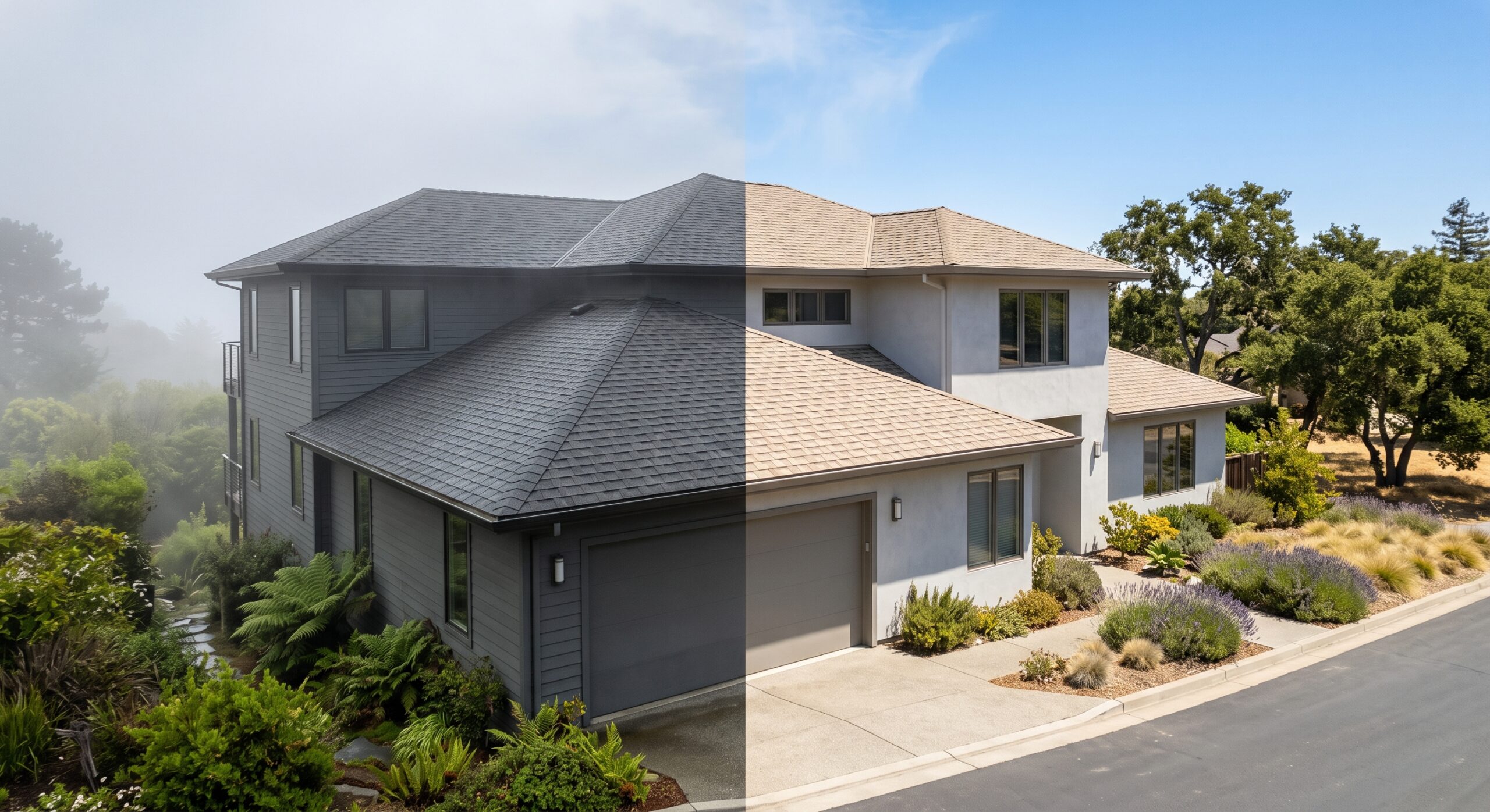 A split-image of a modern two-story house shows one side under cloudy skies with coastal fog and the other side in bright, clear sunlight. The landscaping looks lush and well-kept on both sides, highlighting how thoughtful shingle selection can enhance curb appeal across varying microclimates.