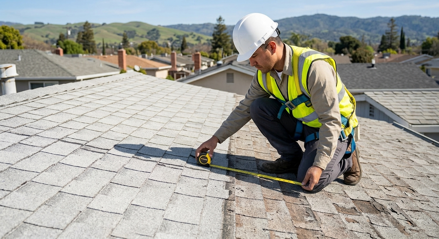 A construction worker in a hard hat and safety vest kneels on a house roof, using a measuring tape to check roof shingles as part of a minor roof repair, with houses and trees in the background.