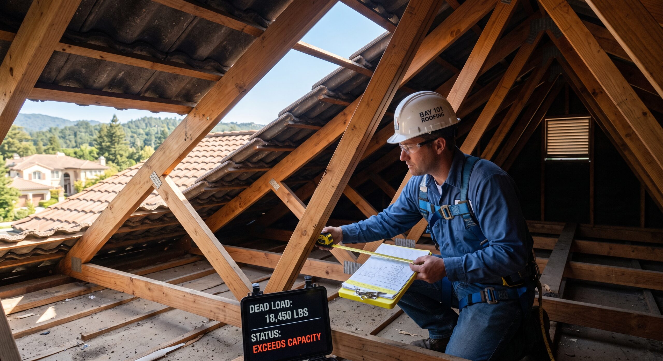 An engineer in safety gear inspects an attic’s wooden beams, holding a clipboard and tape measure. A sign reads “DEAD LOAD: 18,450 LBS. STATUS: EXCEEDS CAPACITY,” highlighting concerns about tile weight and overall structural truss capacity. Sunlight enters through a nearby window.
