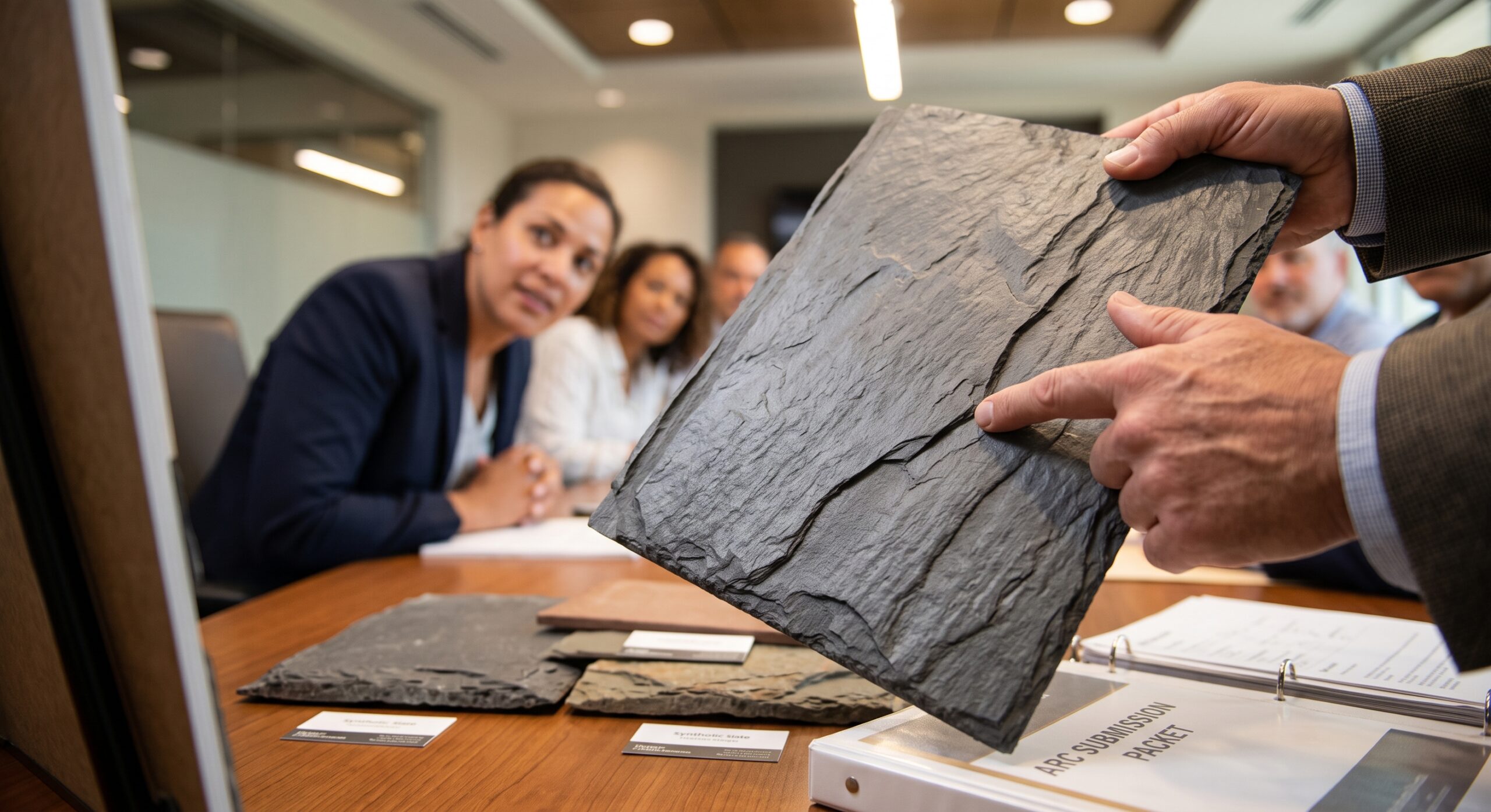 A person holds and discusses a large slate tile with others seated at a conference table; slate samples—including synthetic slate—and project documents, such as Bay Area architectural boards guidelines and HOA roof restrictions, are visible on the table.