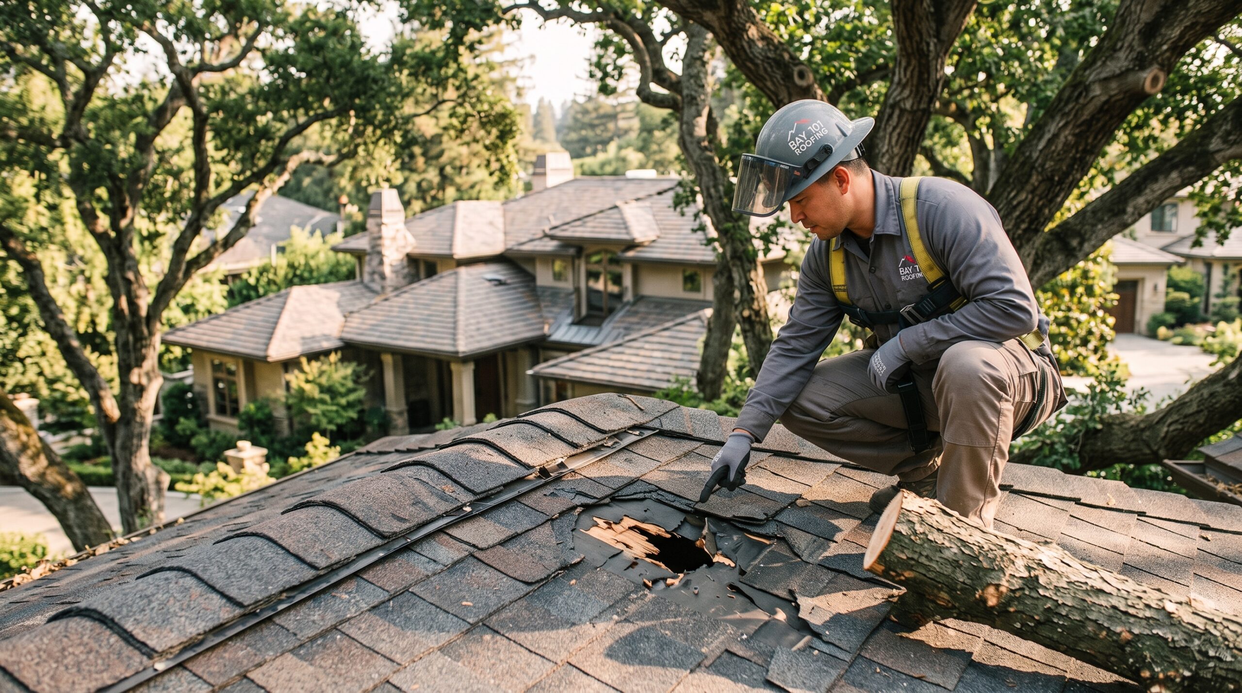 A worker in safety gear inspects roof damage caused by a fallen tree branch, demonstrating the importance of regular roof maintenance, with houses and trees in the background.